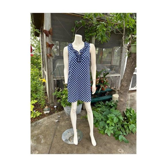 Kate Spade Polkadot Shift Dress Mini Blue White Sleeveless Ruffle Collar - Picture 2 of 12